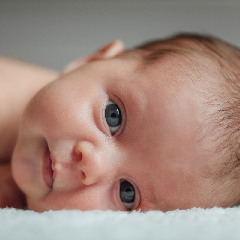 Großaufnahme des Kopfes eines kleinen Kindes, das auf der Seite liegt und in die Kamera schaut. Die Praxis Nestwärme in München bietet PEKiP-Kurse, Geburtsvorbereitsungskurse und Babymassagen an.